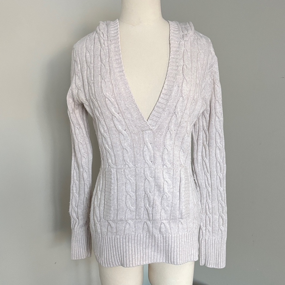 Banana Republic Factory Deep V-Neck Hooded Cable Knit Sweater in Oatmeal Size M